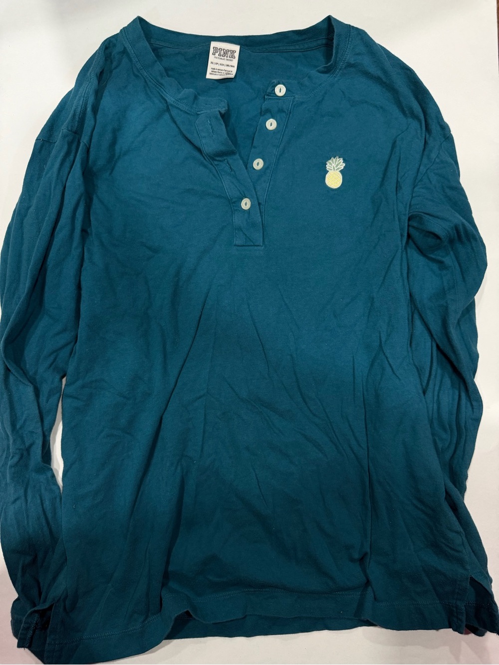 PINK Victoria's Secret Teal Long-Sleeve Henley with Pineapple Patch